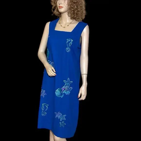 Dresses | Betsy Lauren Blue Linen Embroidered Sheath Dress Seahorse Shells  Starfish Sz 14 | Poshmark